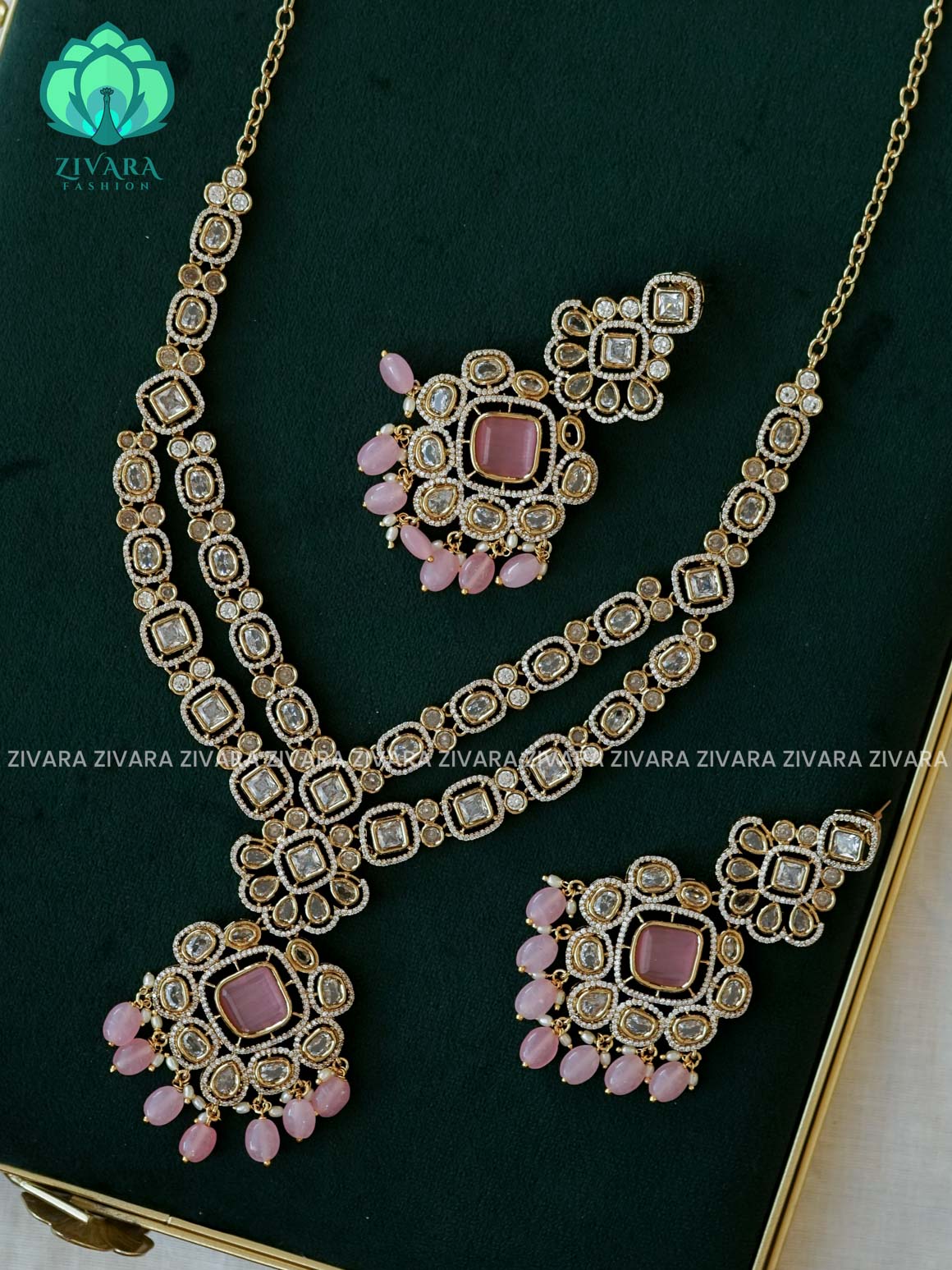 PASTEL PINK BRIDAL - Traditional PREMIUM MATTE polish MIDCHEST haaram/neckwear with earrings- Zivara Fashion