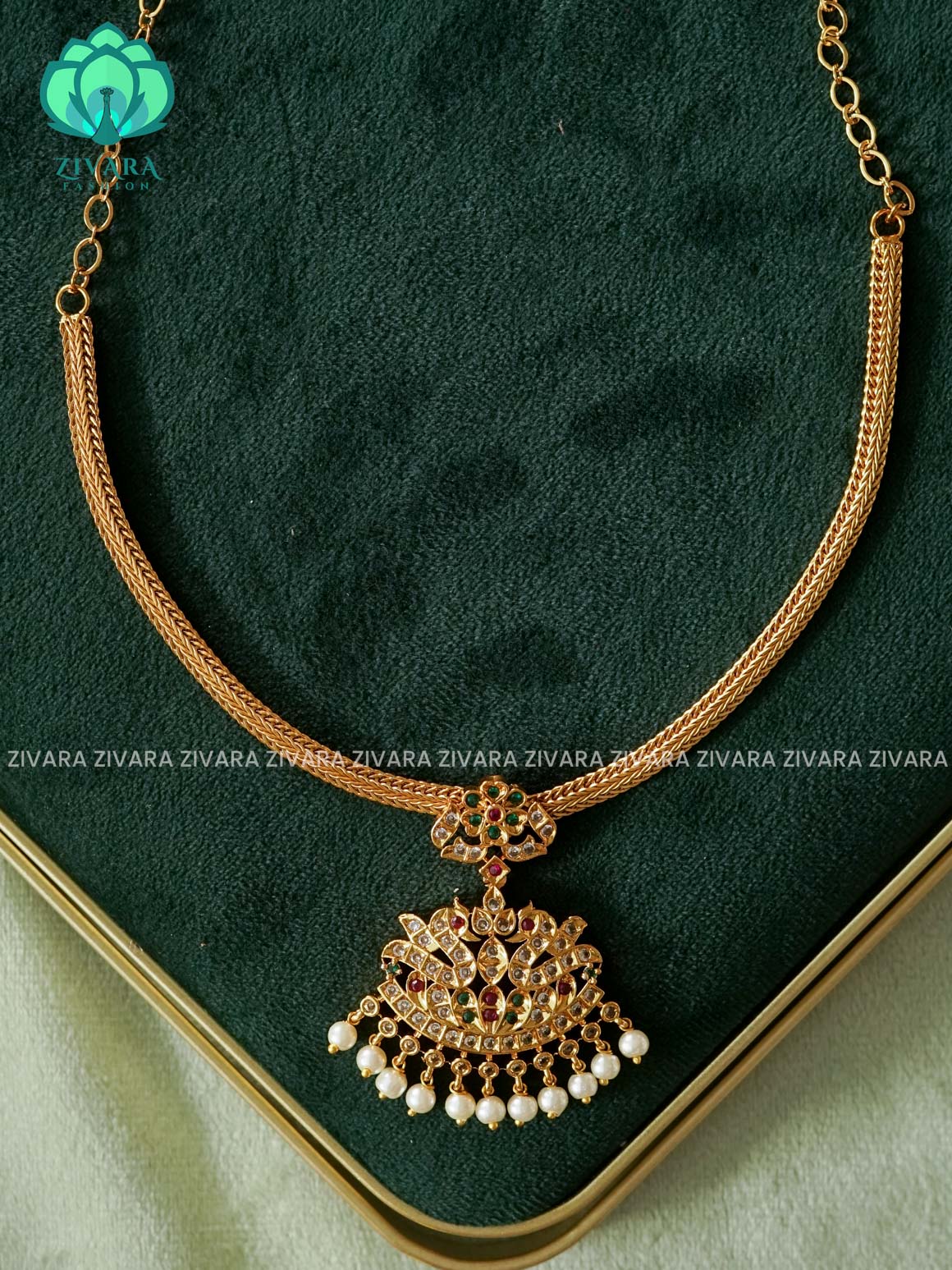 RUBY GREEN WHITE STONE PEACOCK PENDANT  FLEXIBLE CHAIN - TRADITIONAL neckwear withOUT earrings- Zivara Fashion