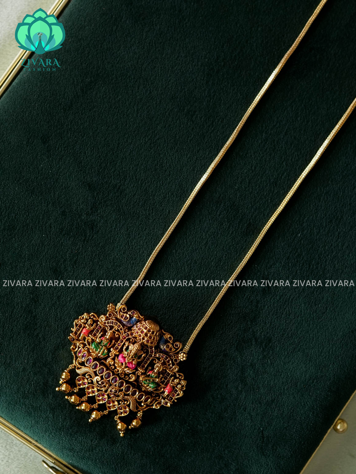 MADHURYA-HAND PAINTED-VINTAGE TEMPLE PENDANT WITH CHAIN - Traditional PREMIUM MATTE polish MIDCHEST neckwear without earrings- Zivara Fashion