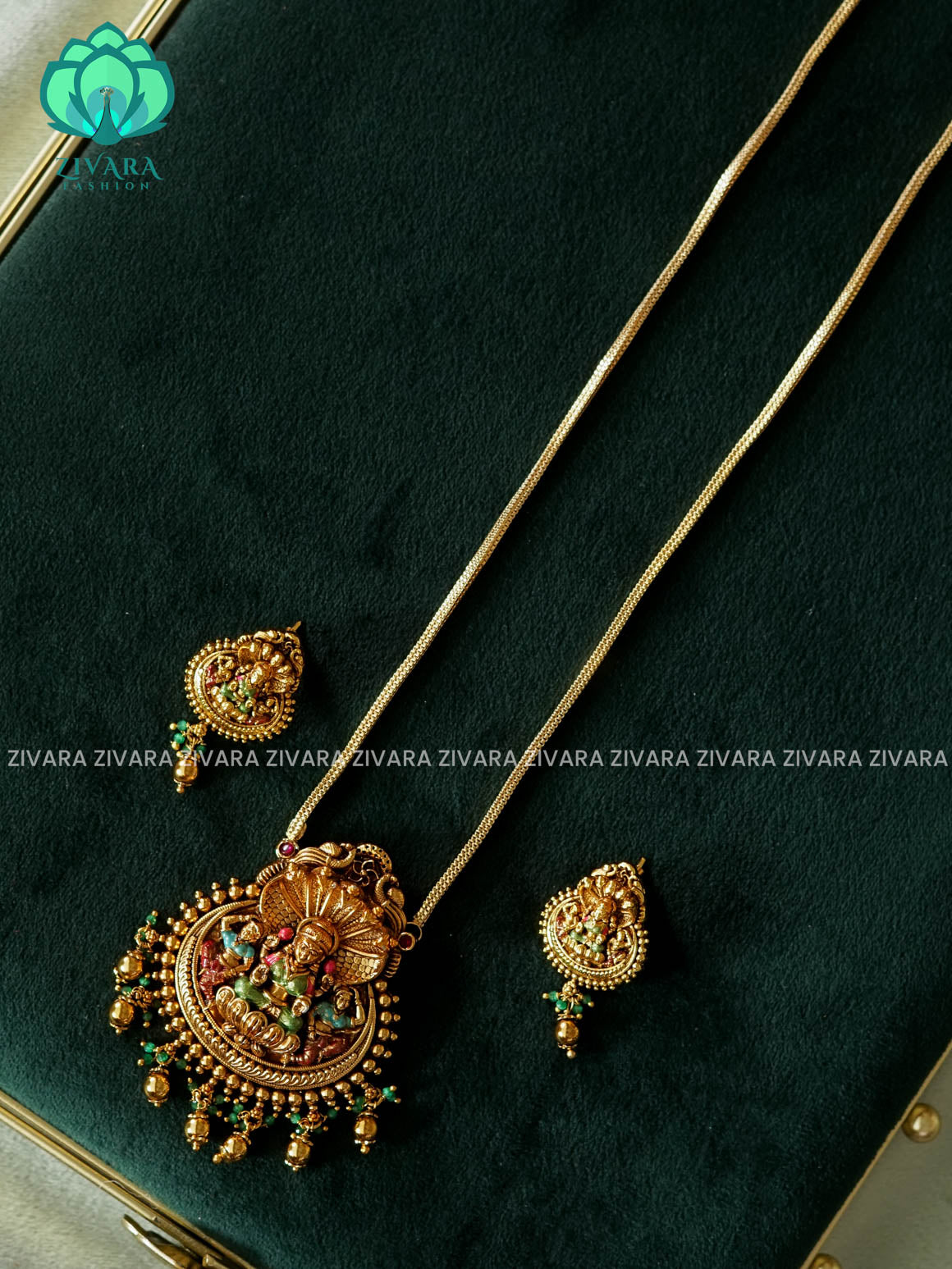 MADHURYA-HAND PAINTED-VINTAGE TEMPLE PENDANT WITH CHAIN - Traditional NORMAL MATTE polish MIDCHEST neckwear with earrings- Zivara Fashion