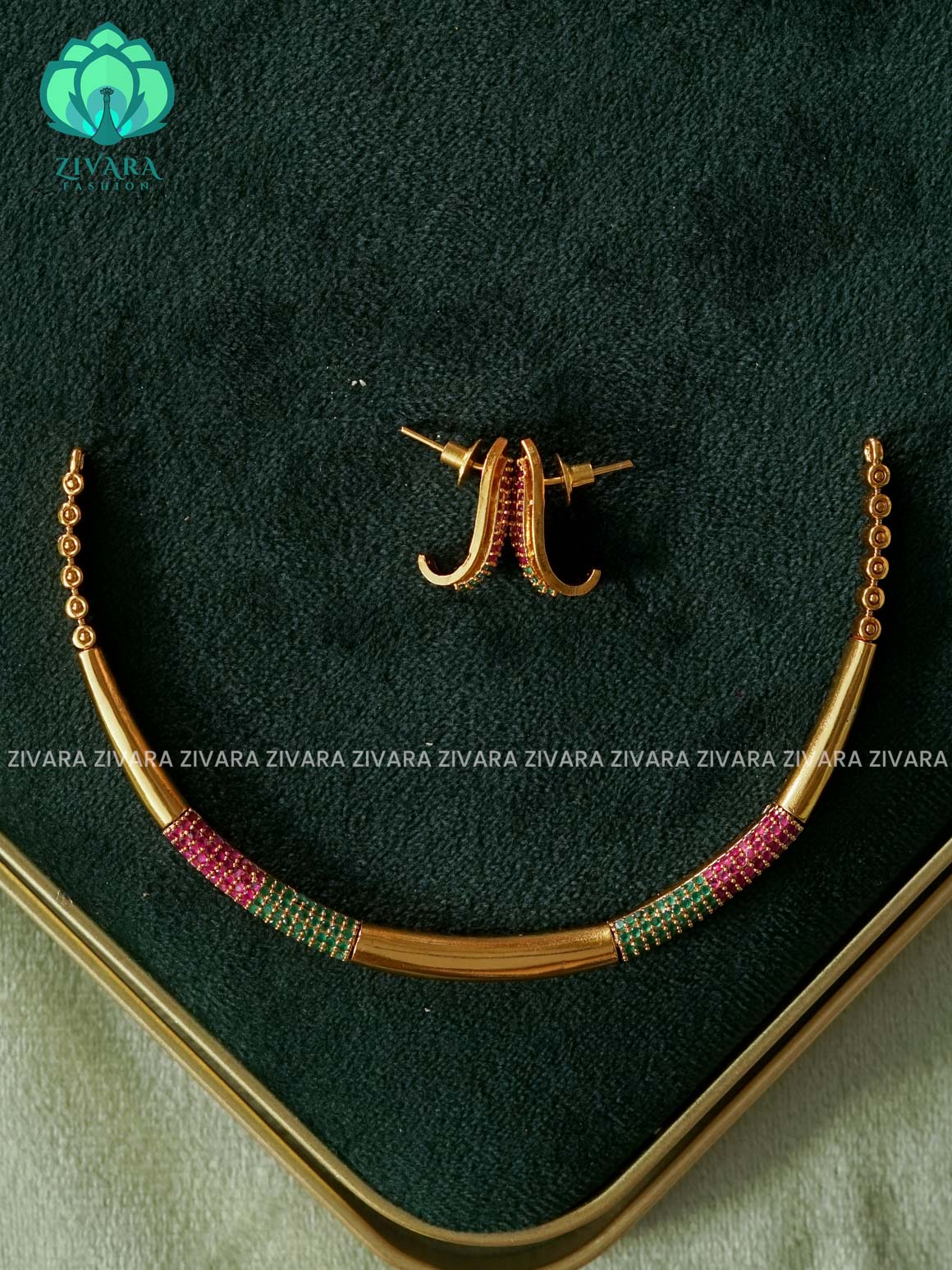 Fancy RUBY GREEN -  stylish and minimal elegant neckwear with earrings- Zivara Fashion
