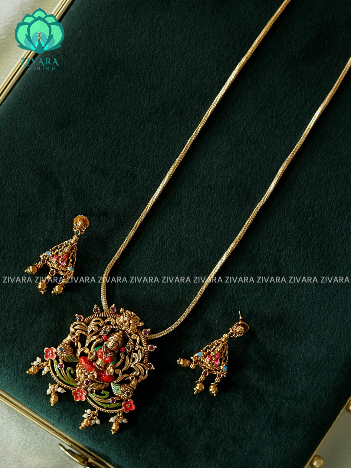 MADHURYA-HAND PAINTED-VINTAGE TEMPLE PENDANT WITH CHAIN - Traditional NORMAL MATTE polish MIDCHEST neckwear with earrings- Zivara Fashion