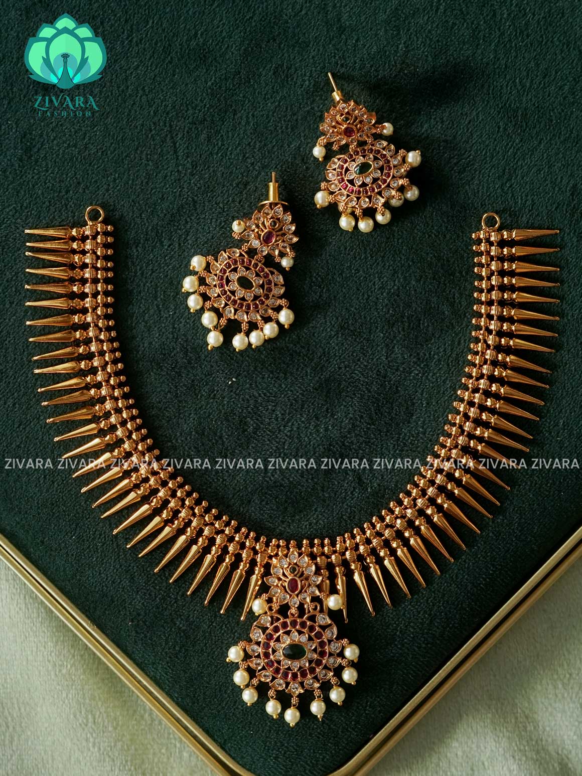 REAL KEMP MULLAI MOTTU NECKWEAR - Traditional south indian premium neckwear with earrings- Zivara Fashion- latest jewellery design.
