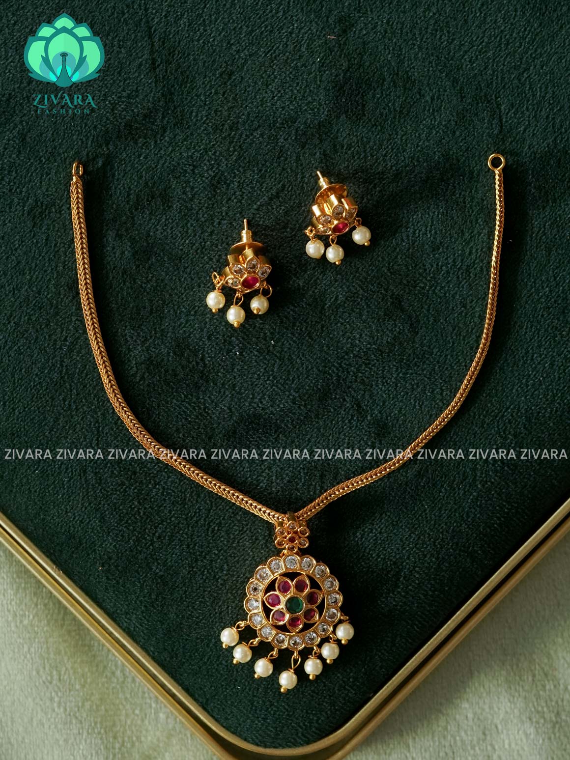FLORAL PENDANT  - FLEXIBLE CHAIN WITH HANGINGS -Traditional south indian premium neckwear with earrings- Zivara Fashion- latest jewellery design