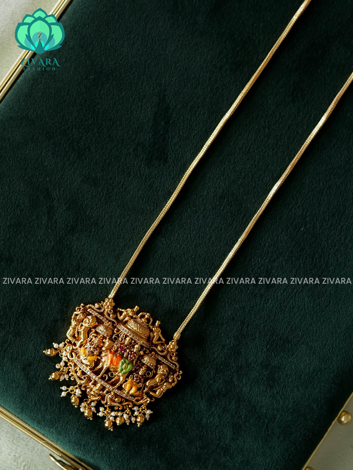 MADHURYA-HAND PAINTED-VINTAGE TEMPLE PENDANT WITH CHAIN - Traditional NORMAL MATTE polish MIDCHEST neckwear without earrings- Zivara Fashion