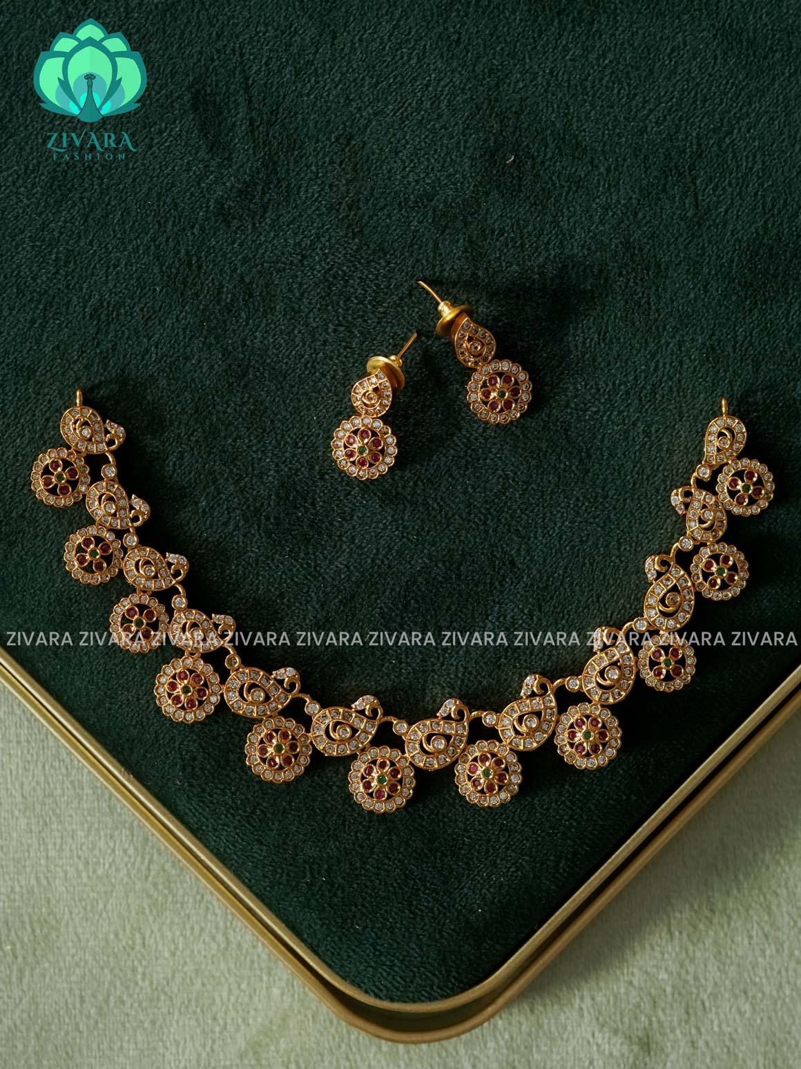 WHITE RUBY ROUND BUTTA WITH MANGA PENDANT  NECKLACE-Traditional south indian premium neckwear with earrings- Zivara Fashion- latest jewellery design
