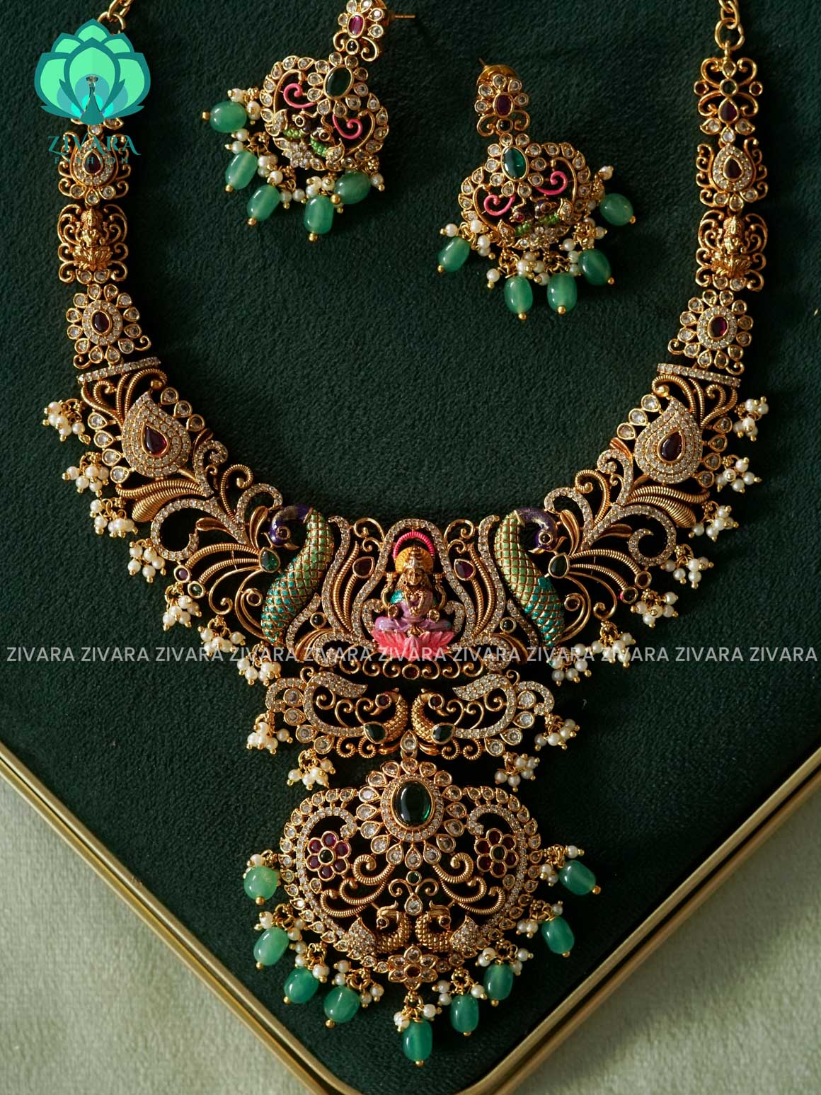 MADHURYA -  LAKSHMI PEACOCK WITH PEARL  handpainted - Traditional south indian premium neckwear with  earrings- Zivara Fashion- latest jewellery design