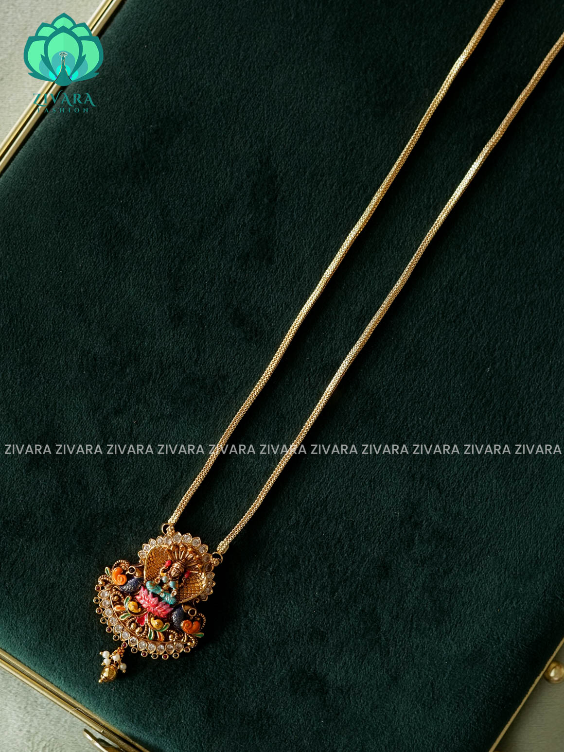 MADHURYA-HAND PAINTED-VINTAGE TEMPLE PENDANT WITH CHAIN - Traditional NORMAL MATTE polish MIDCHEST neckwear without earrings- Zivara Fashion