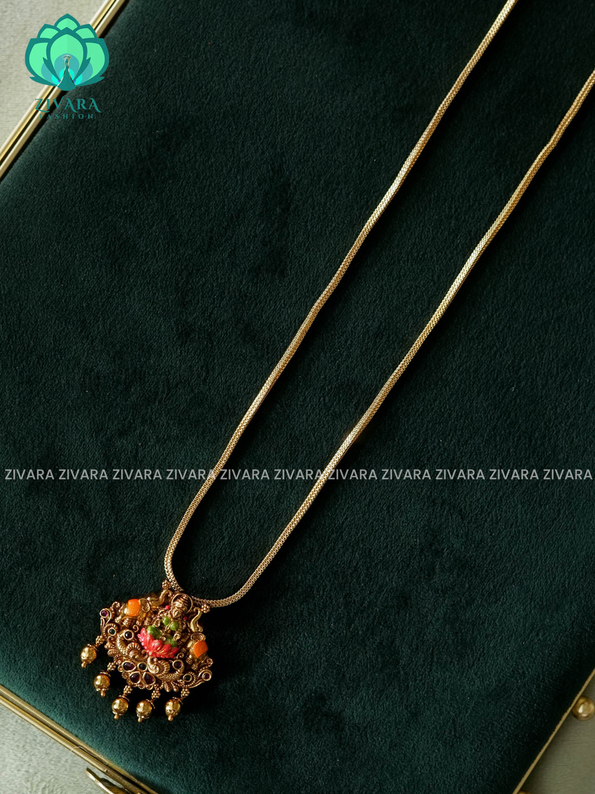 MADHURYA-HAND PAINTED-VINTAGE TEMPLE PENDANT WITH CHAIN - Traditional NORMAL MATTE polish MIDCHEST neckwear without earrings- Zivara Fashion