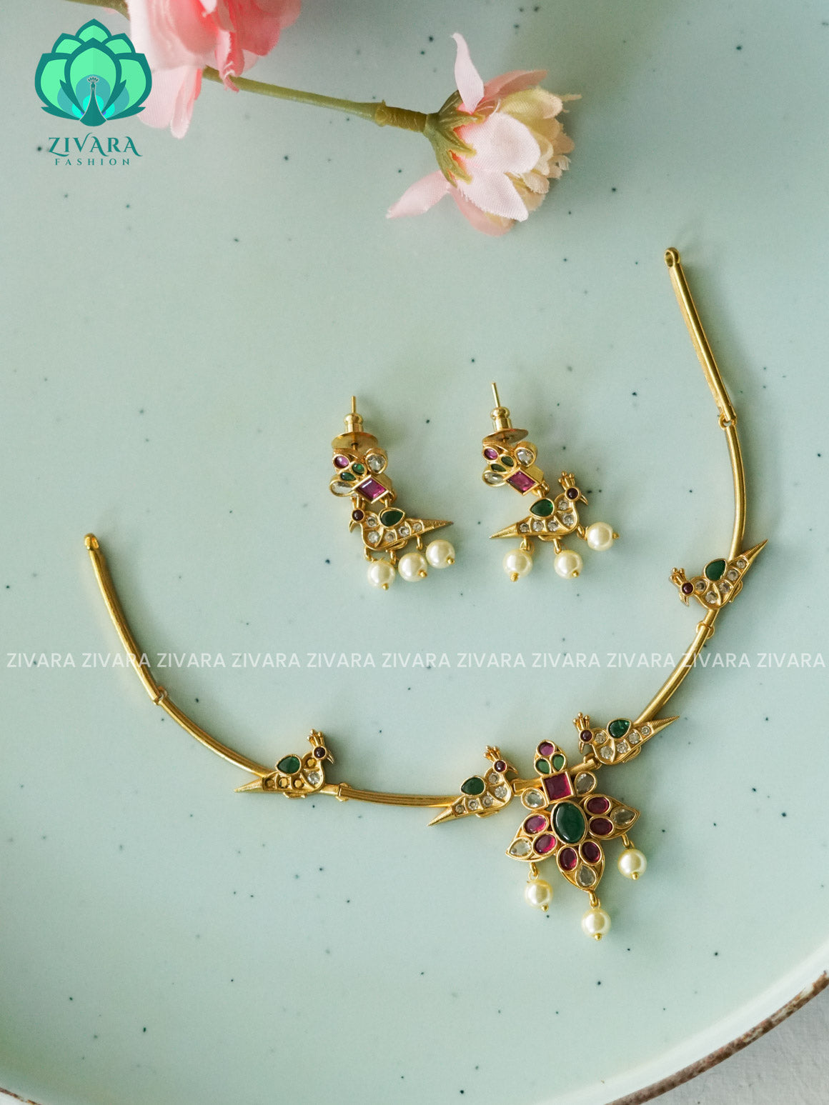 Flexible parrot hasli NECK WEAR WITh EARRINGS   - Premium quality CZ Matte collection-south indian jewellery