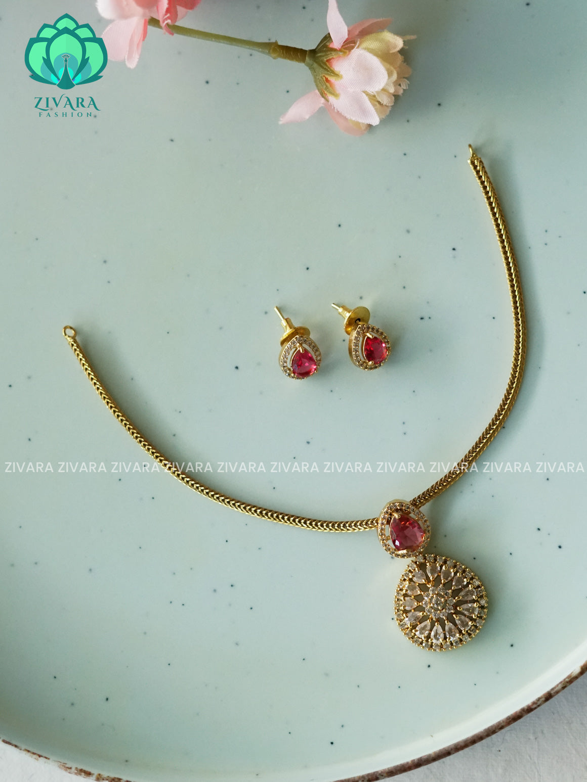 RUBY - BHANU - FLEXIBLE CHAIN- Traditional south indian PREMIUM  MATTE neckwear with earrings - Zivara Fashion