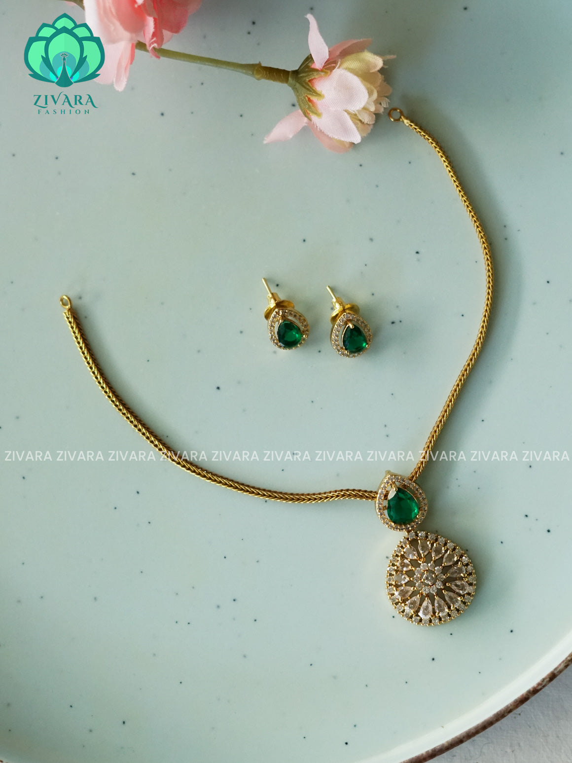 GREEN - BHANU - FLEXIBLE CHAIN- Traditional south indian PREMIUM  MATTE neckwear with earrings - Zivara Fashion