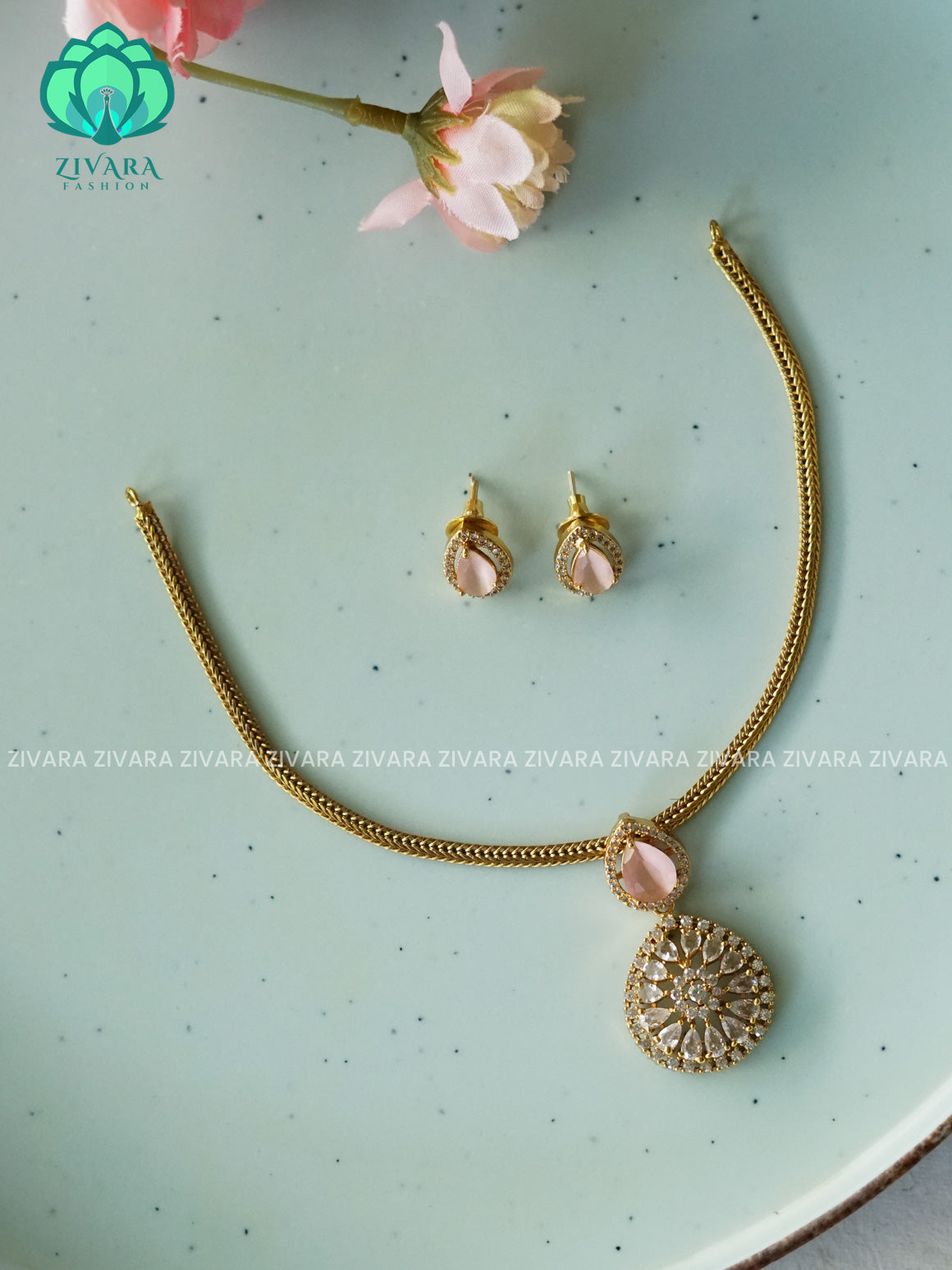 PINK  - BHANU - FLEXIBLE CHAIN- Traditional south indian PREMIUM  MATTE neckwear with earrings - Zivara Fashion