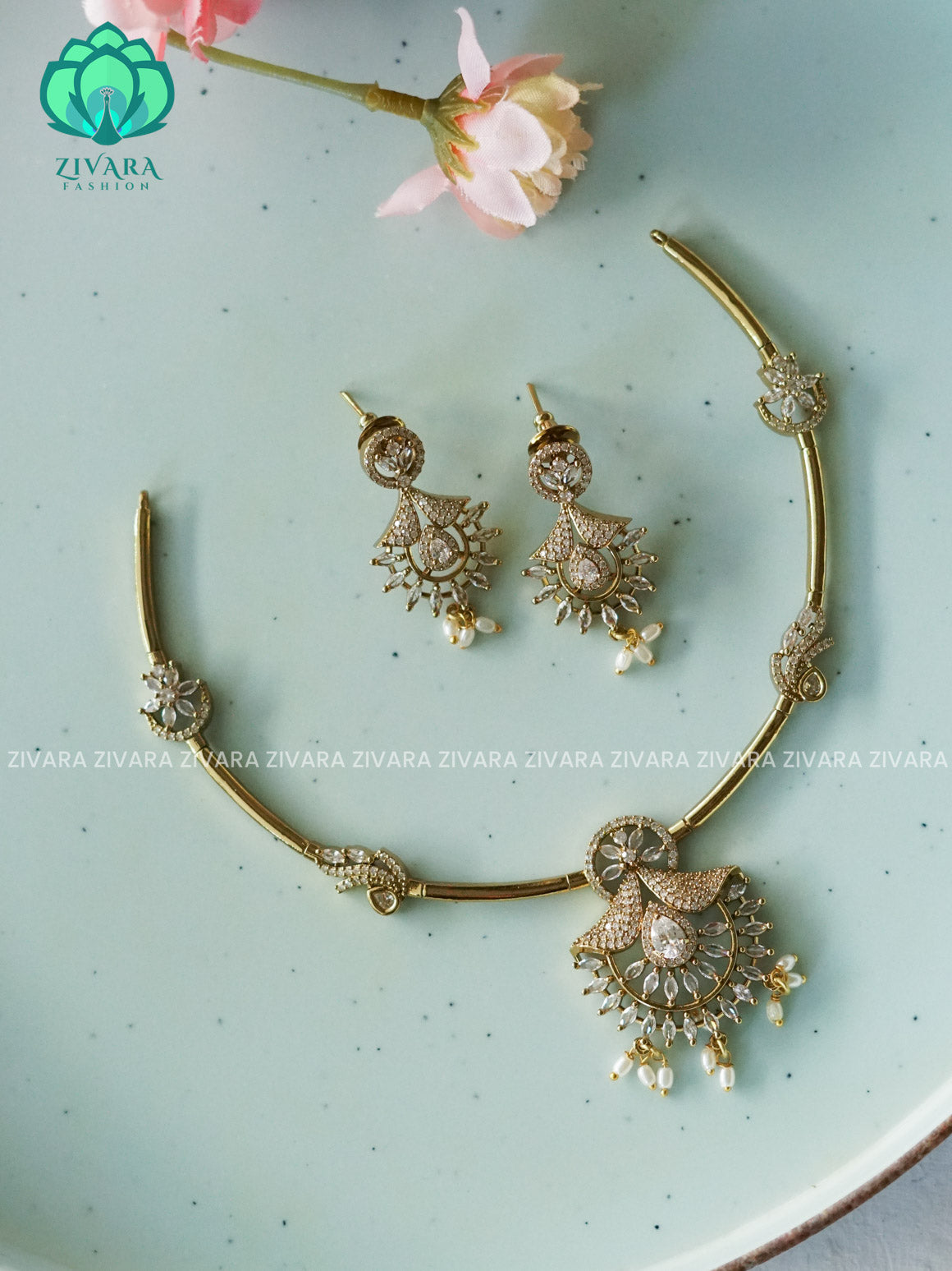 WHITE MOTIF FREE HASLI NECK WEAR WITh EARRINGS   - Premium quality CZ Matte collection-south indian jewellery