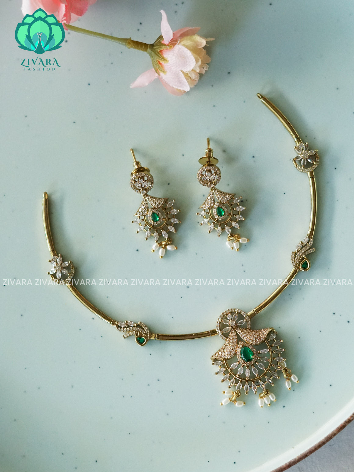 GREEN MOTIF FREE HASLI NECK WEAR WITh EARRINGS   - Premium quality CZ Matte collection-south indian jewellery