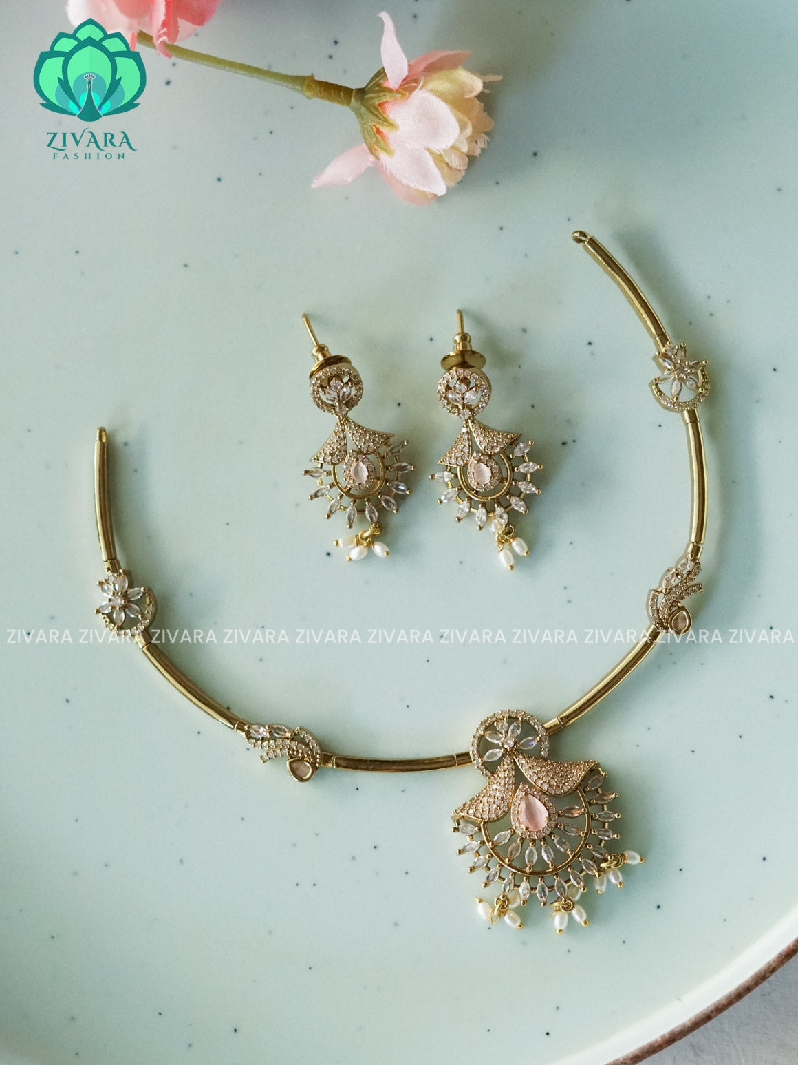 PINK MOTIF FREE HASLI NECK WEAR WITh EARRINGS   - Premium quality CZ Matte collection-south indian jewellery