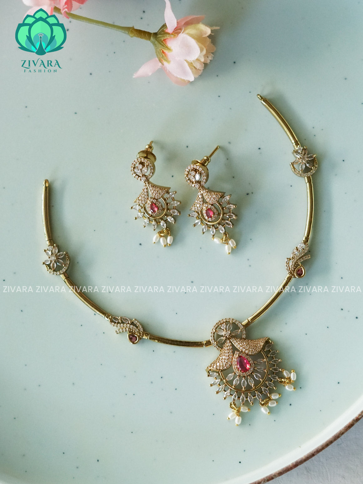 RUBY MOTIF FREE HASLI NECK WEAR WITh EARRINGS   - Premium quality CZ Matte collection-south indian jewellery