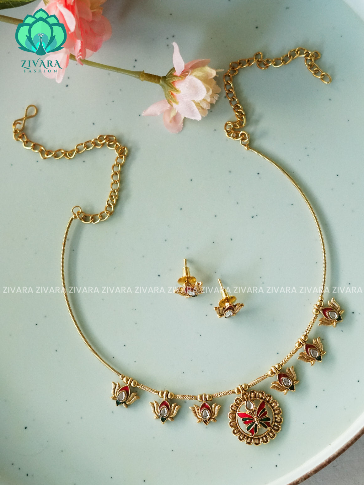 Traditional south indian NORMAL MATTE neckwear with earrings - Zivara Fashion