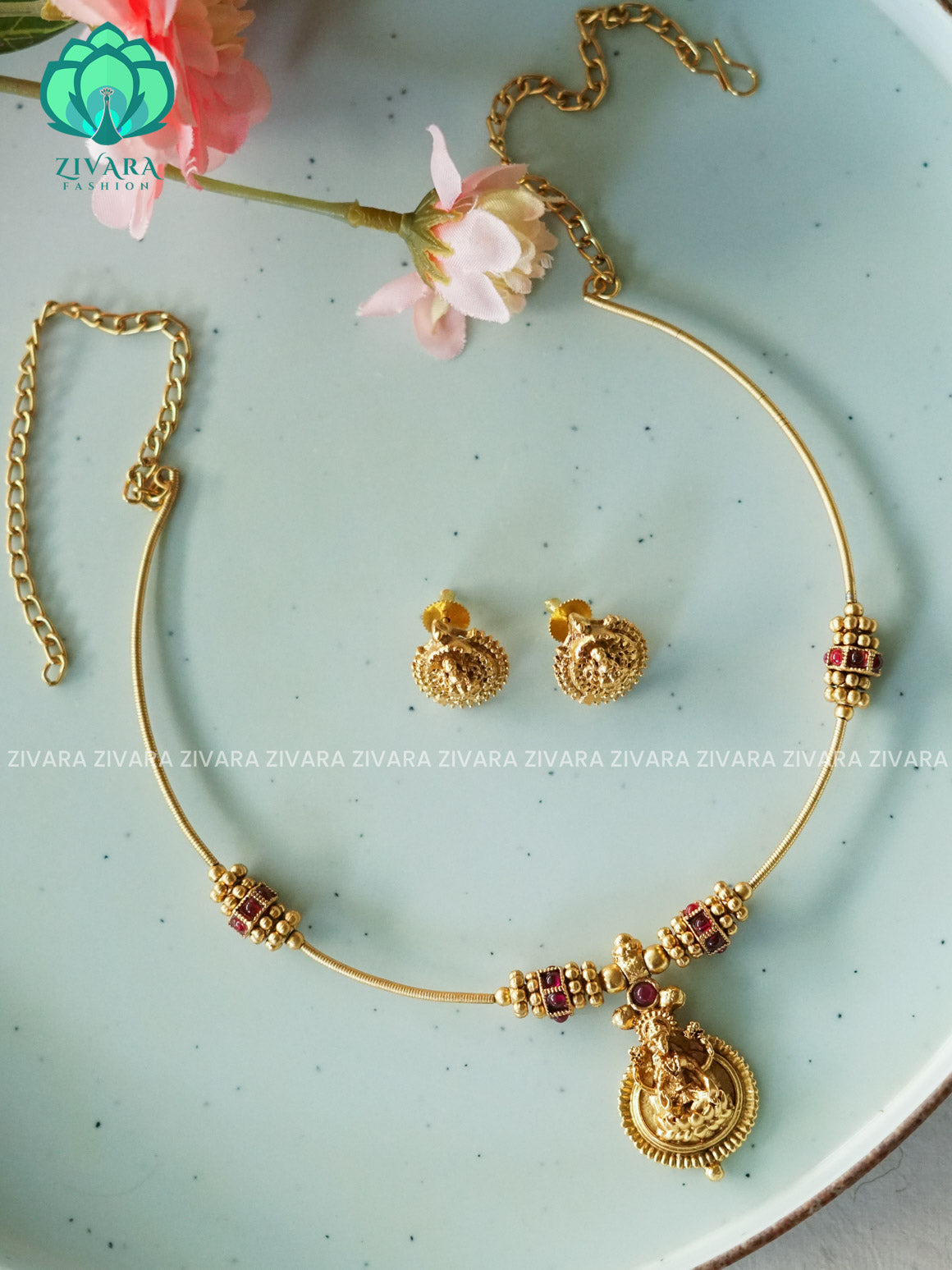 TEMPLE SPRING HASLI  - Traditional south indian NORMAL MATTE neckwear with earrings- Zivara Fashion- latest jewellery design