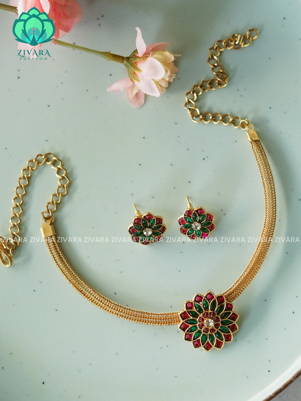 FLOWER FLEXIBLE CHAIN - Traditional south indian NORMAL MATTE neckwear with earrings - Zivara Fashion