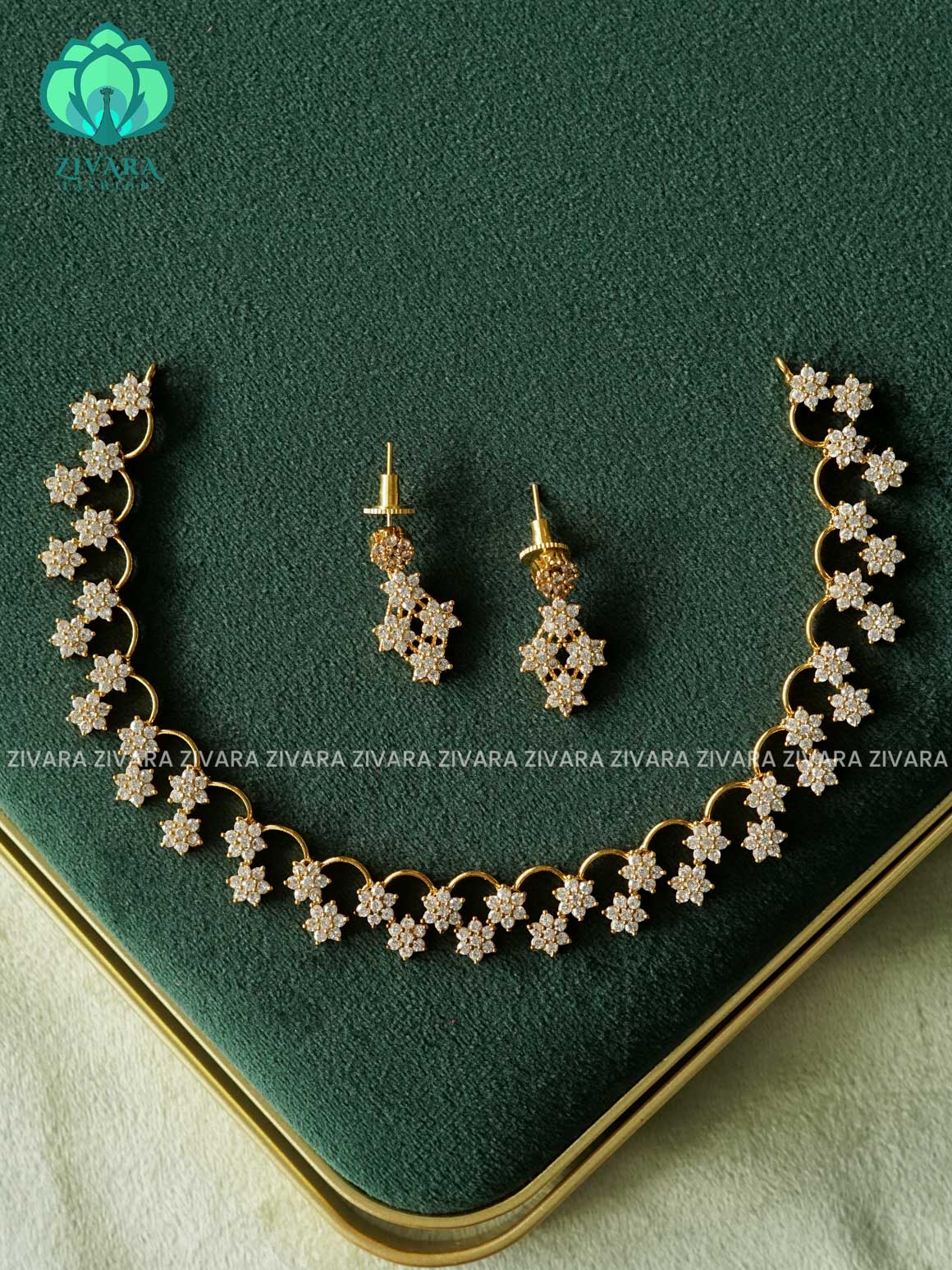 Kanya - WHITE STONE FLORAL NECKWEAR -  stylish and minimal elegant neckwear with earrings- Zivara Fashion