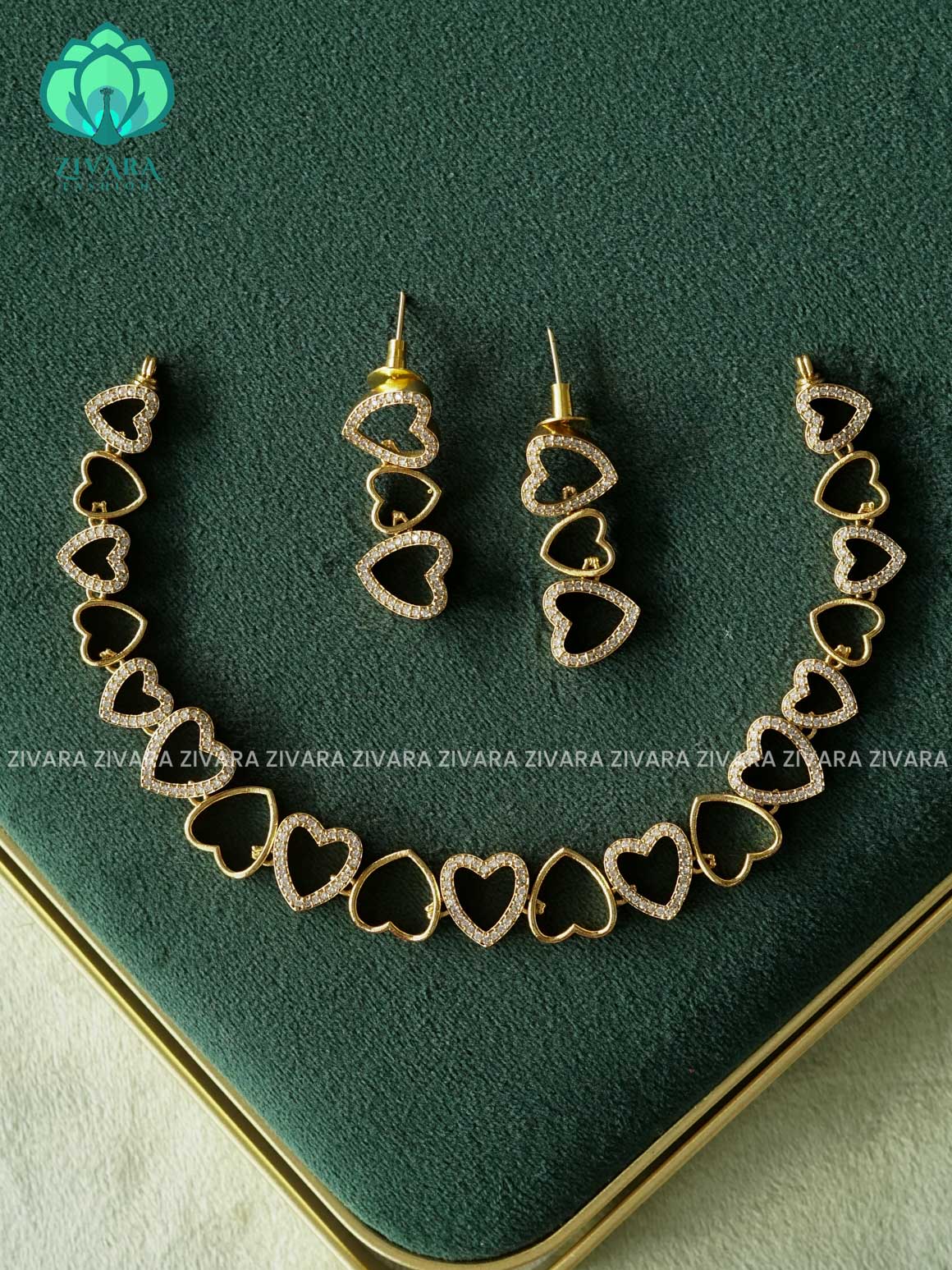 Kanya - WHITE STONE HEART MOTIF DIAMOND REPLICA NECKWEAR -  stylish and minimal elegant neckwear with earrings- Zivara Fashion