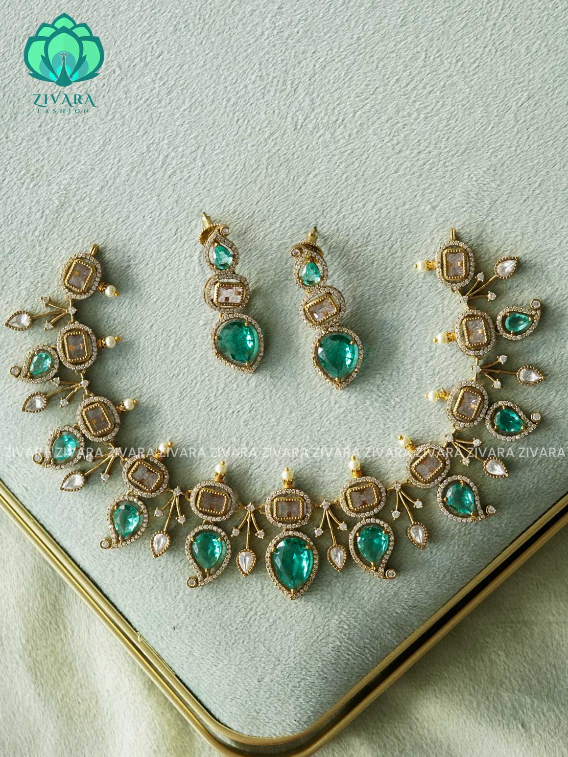AKSHAYAM - TURQUOISE GREEN AND PASTEL PINK STONE  MANGA NECKWEAR -  stylish and minimal elegant neckwear with earrings- Zivara Fashion