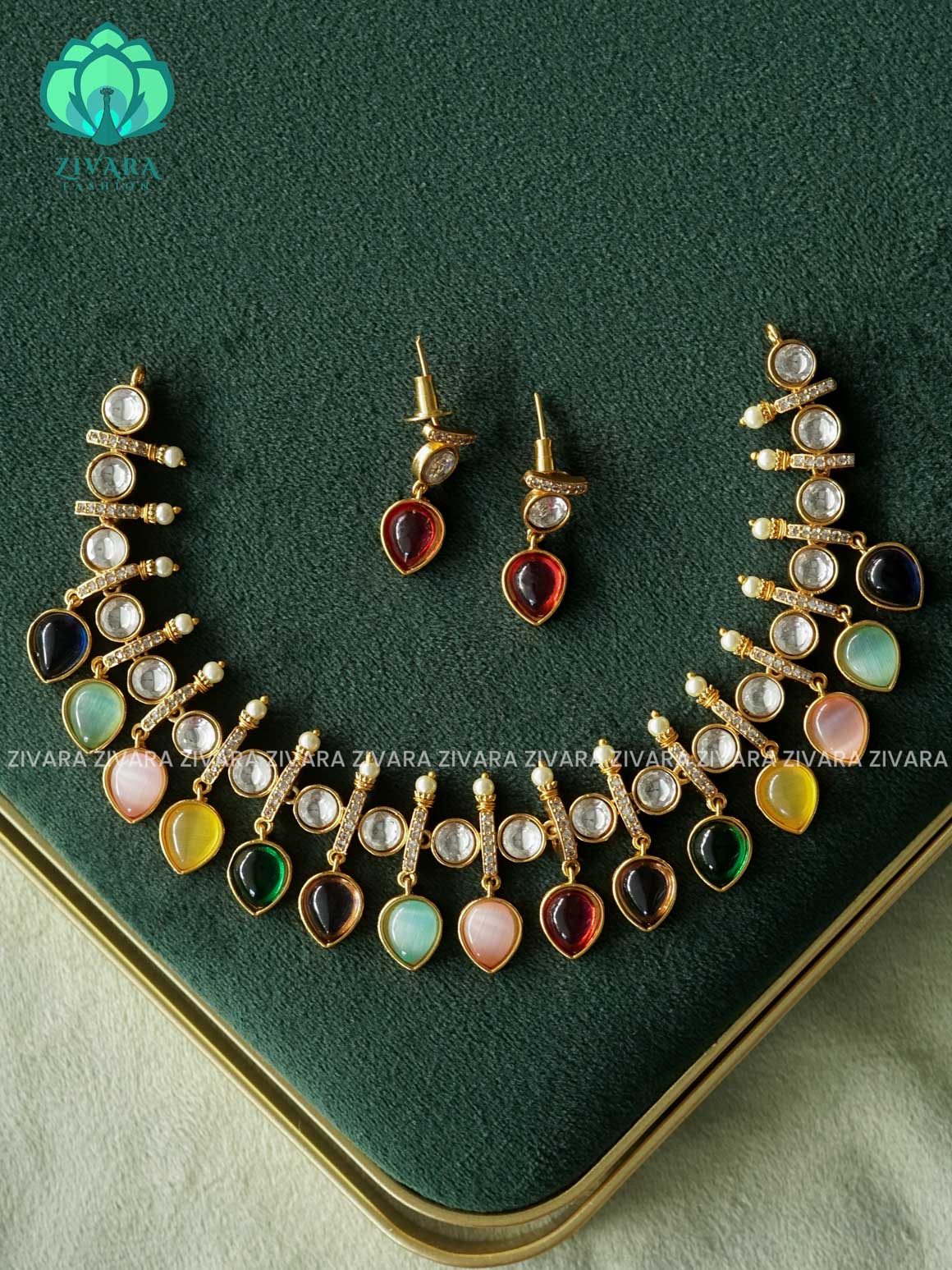 MULTI COLOUR POLKI KUNDAN STONE ELEGANT  - Traditional PREMIUM neckwear with earrings- Zivara Fashion
