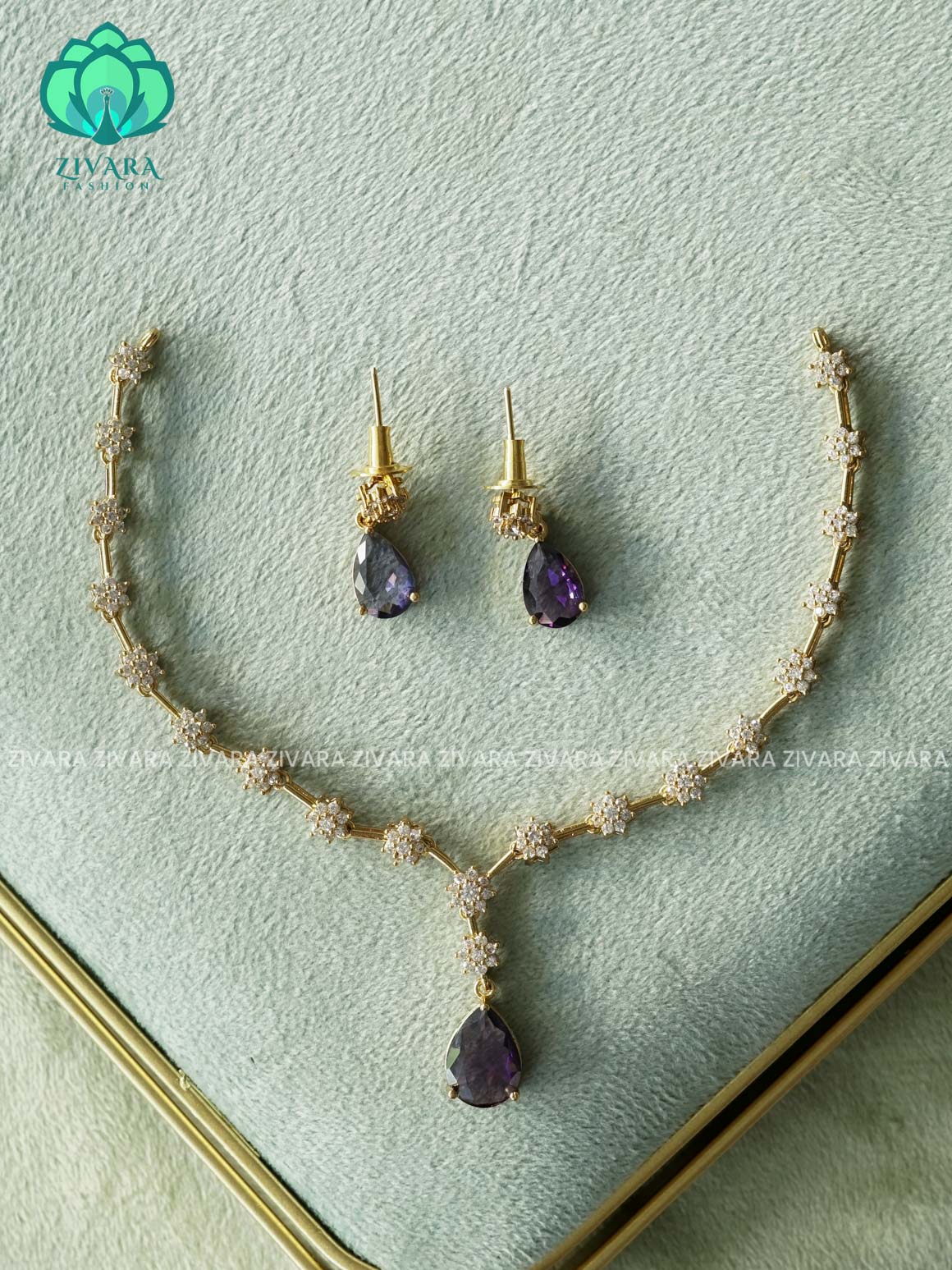 Kanya - PURPLE TEAR  DIAMOND REPLICA NECKWEAR -  stylish and minimal elegant neckwear with earrings- Zivara Fashion