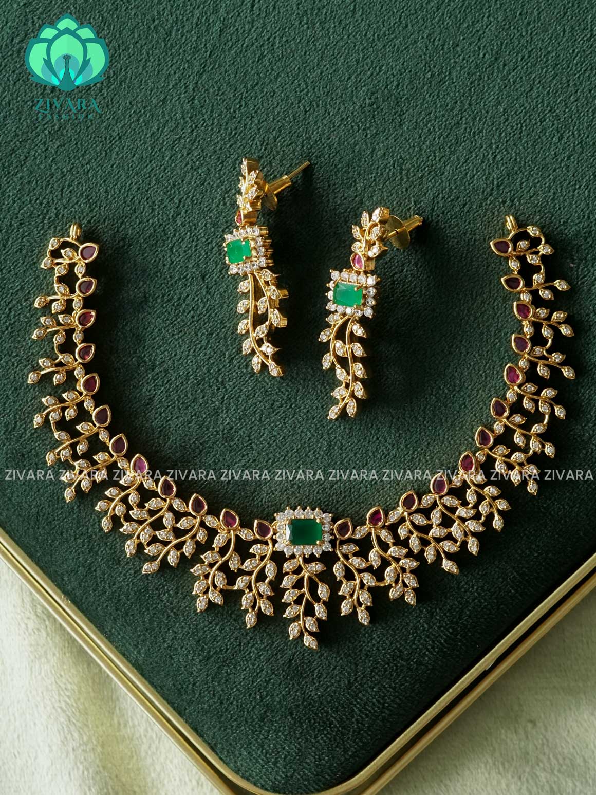 RUBY AND GREEN LEAFY  DIAMOND REPLICA - stylish and minimal elegant neckwear with earrings- Zivara Fashion
