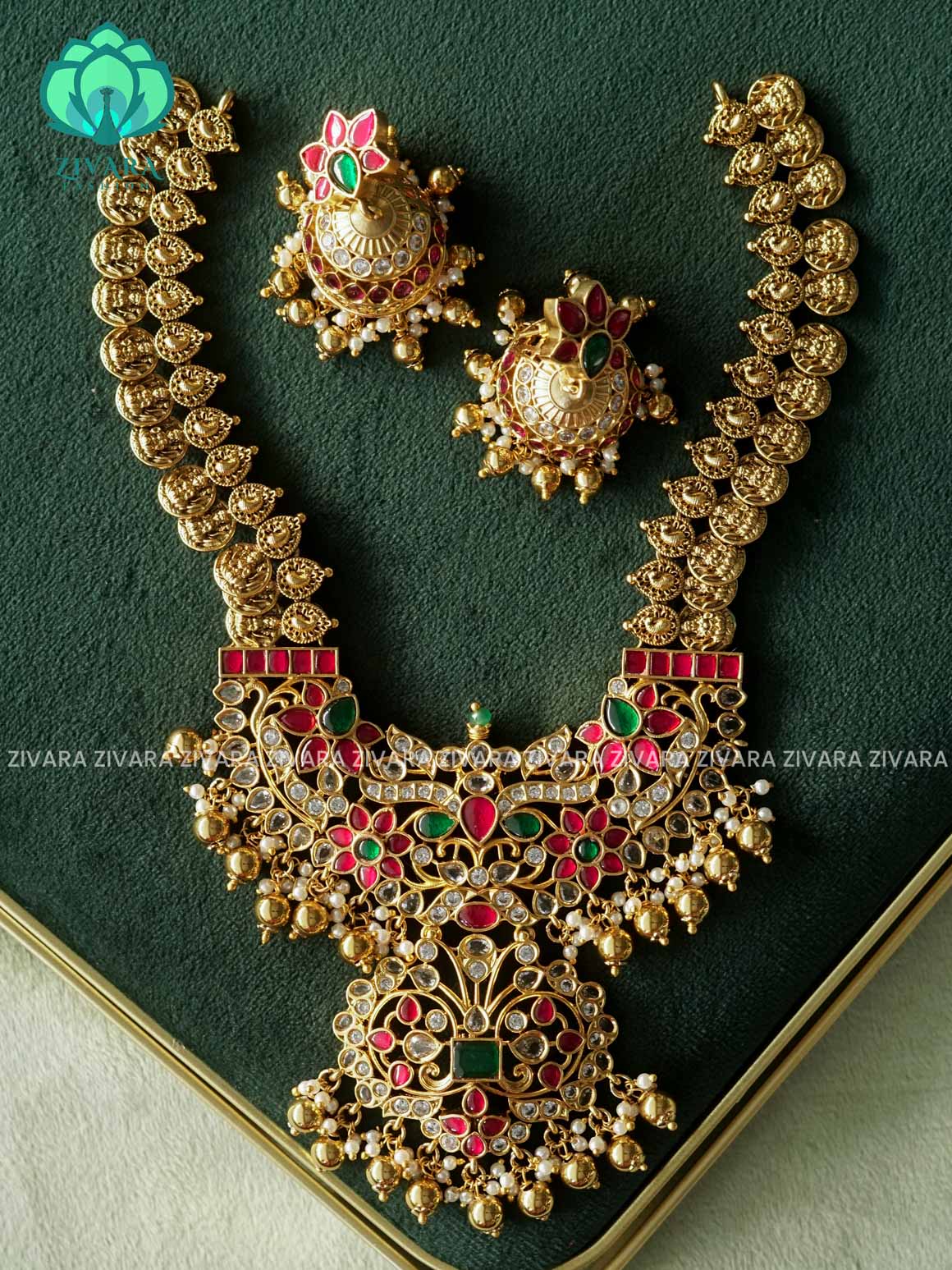 JADAU STONE COIN WITH TEMPLE PEACOCK PENDANT - Traditional south indian premium neckwear with earrings- Zivara Fashion- latest jewellery design