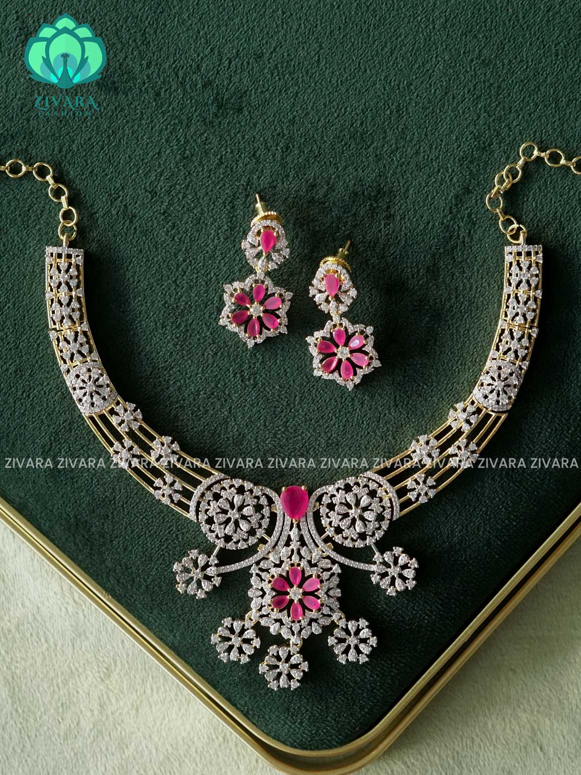 RUBY FLORAL AD STONE HASLI - premium  NECKWEAR  with earrings-latest south indian jewellery