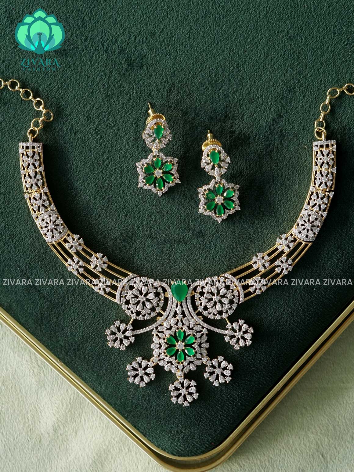 GREEN FLORAL AD STONE HASLI - premium  NECKWEAR  with earrings-latest south indian jewellery