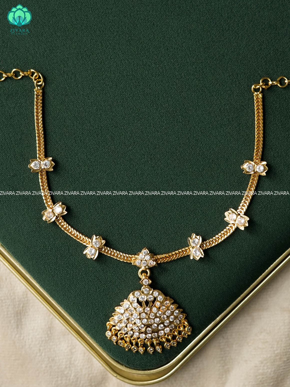AMBIGAI- PEACOCK WHITE STONE MICROGOLD POLISH ATTIGAI - Zivara Fashion- latest jewellery design