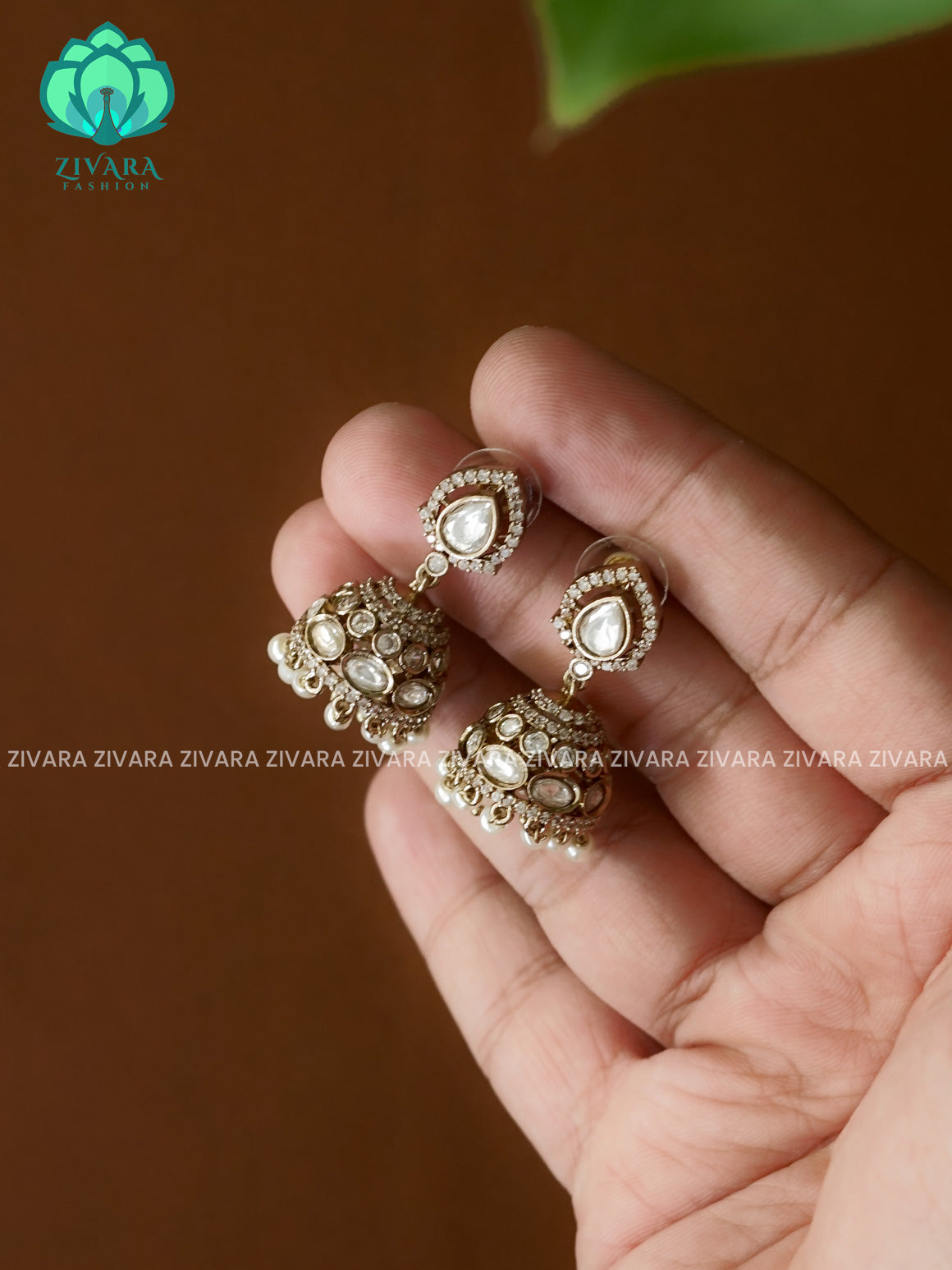 WHITE   - Victoria dark finish  stone medium size jhumka (3 INCHES) - TRADITIONAL PREMIUM  JHUMKA- latest jewellery collection- zivara fashion