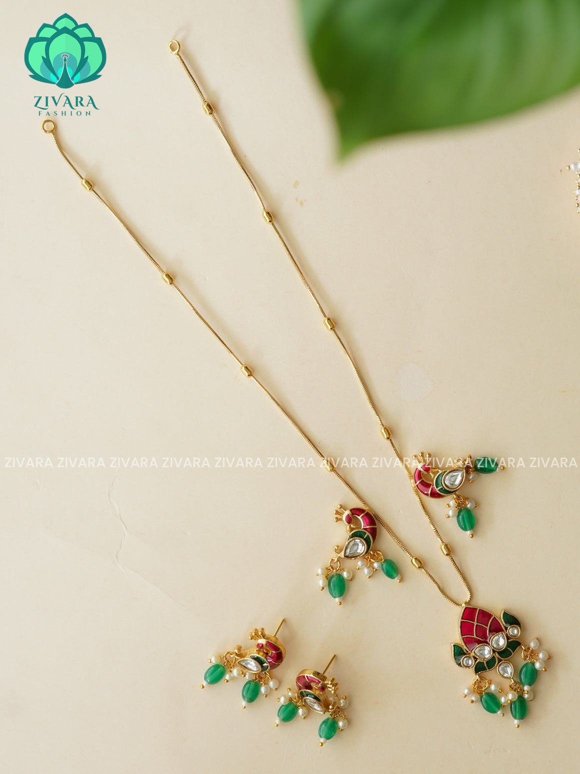 ENAMEL PEACOCK THIN CHAIN  -Traditional south indian premium neckwear with earrings- Zivara Fashion- latest jewellery design.