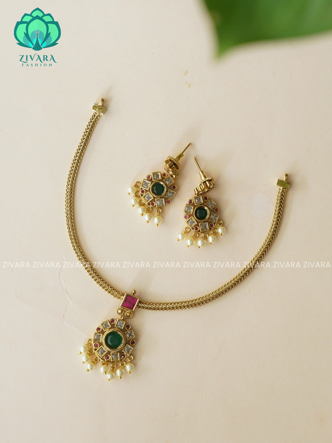 KIDS FRIENDLY REAL KEMP PENDANT WITH FLEXIBLE CHAIN   -  Traditional south indian premium neckwear with earrings- Zivara Fashion- latest jewellery design.