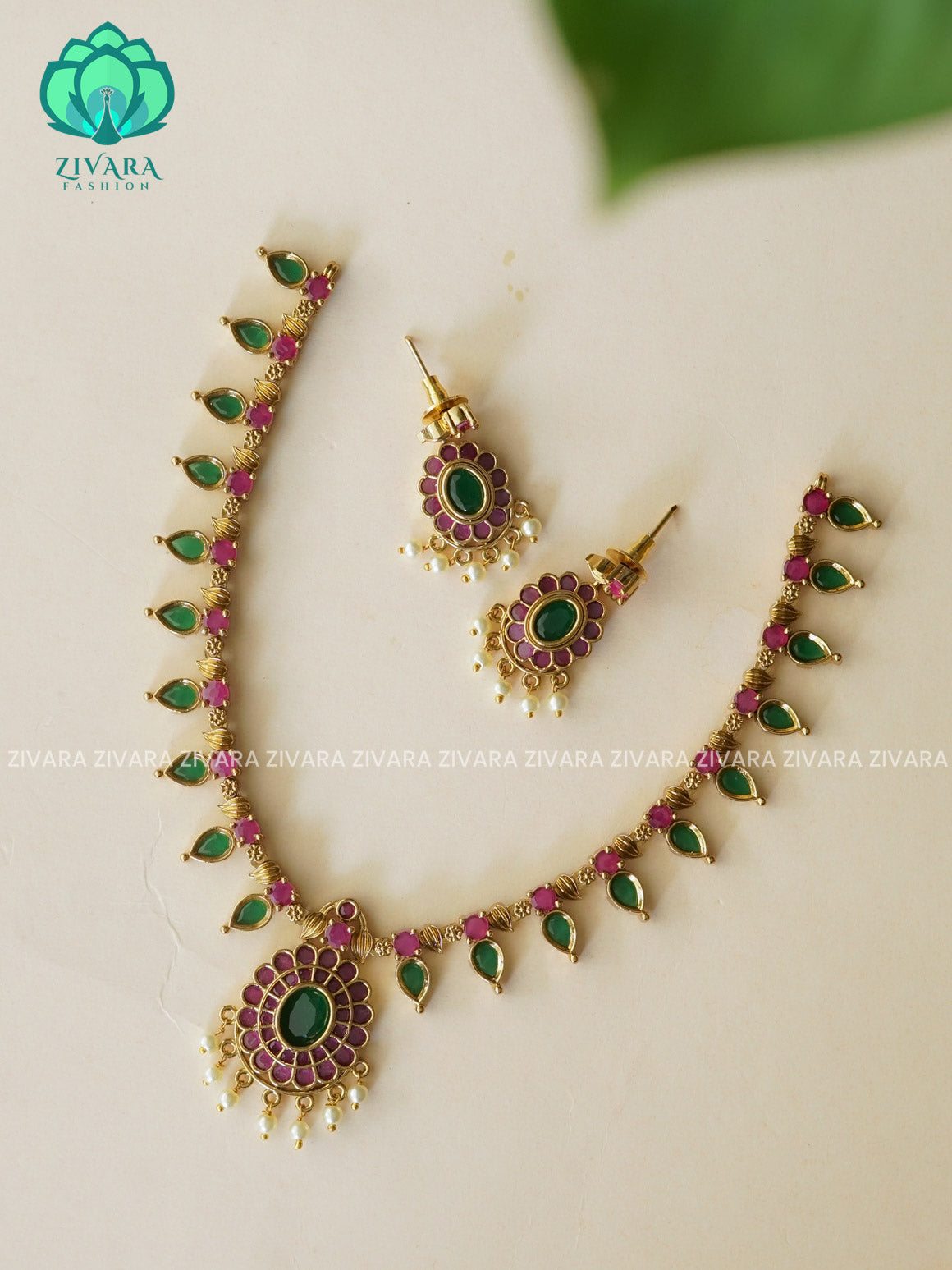 GREEN PALAKKA MANGA  -Traditional south indian premium neckwear with earrings- Zivara Fashion- latest jewellery design.