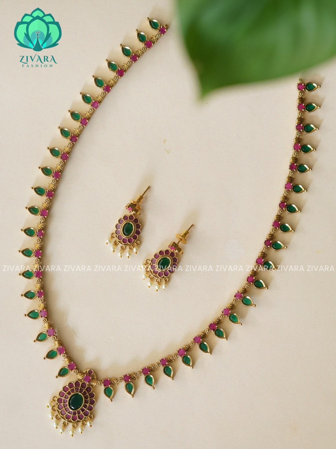 PALAKKA STYLE GREEN - Traditional PREMIUM MATTE polish MIDCHEST haaram/neckwear without earrings- Zivara Fashion