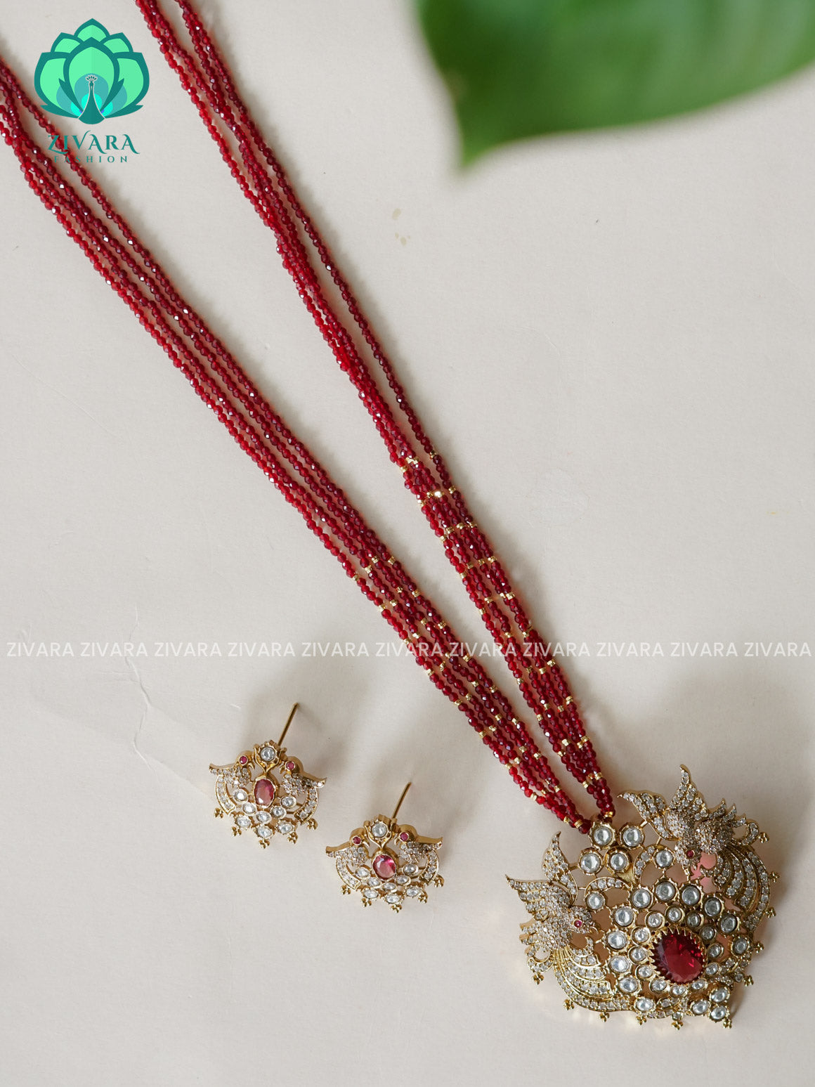 RUBY  SEED BEADS  - TEMPLE PENDANT BALL CHAIN - Traditional PREMIUM MATTE polish MIDCHEST haaram/neckwear with earrings- Zivara Fashion