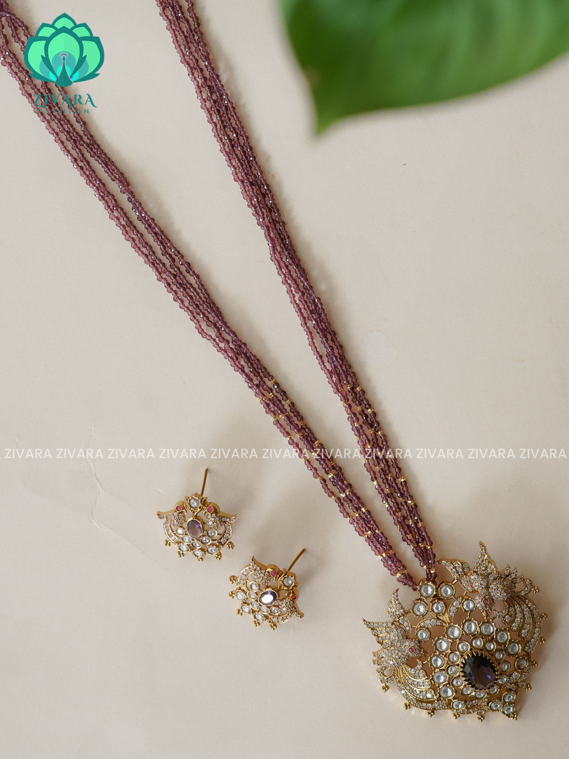 PURPLE  SEED BEADS  - TEMPLE PENDANT BALL CHAIN - Traditional PREMIUM MATTE polish MIDCHEST haaram/neckwear with earrings- Zivara Fashion