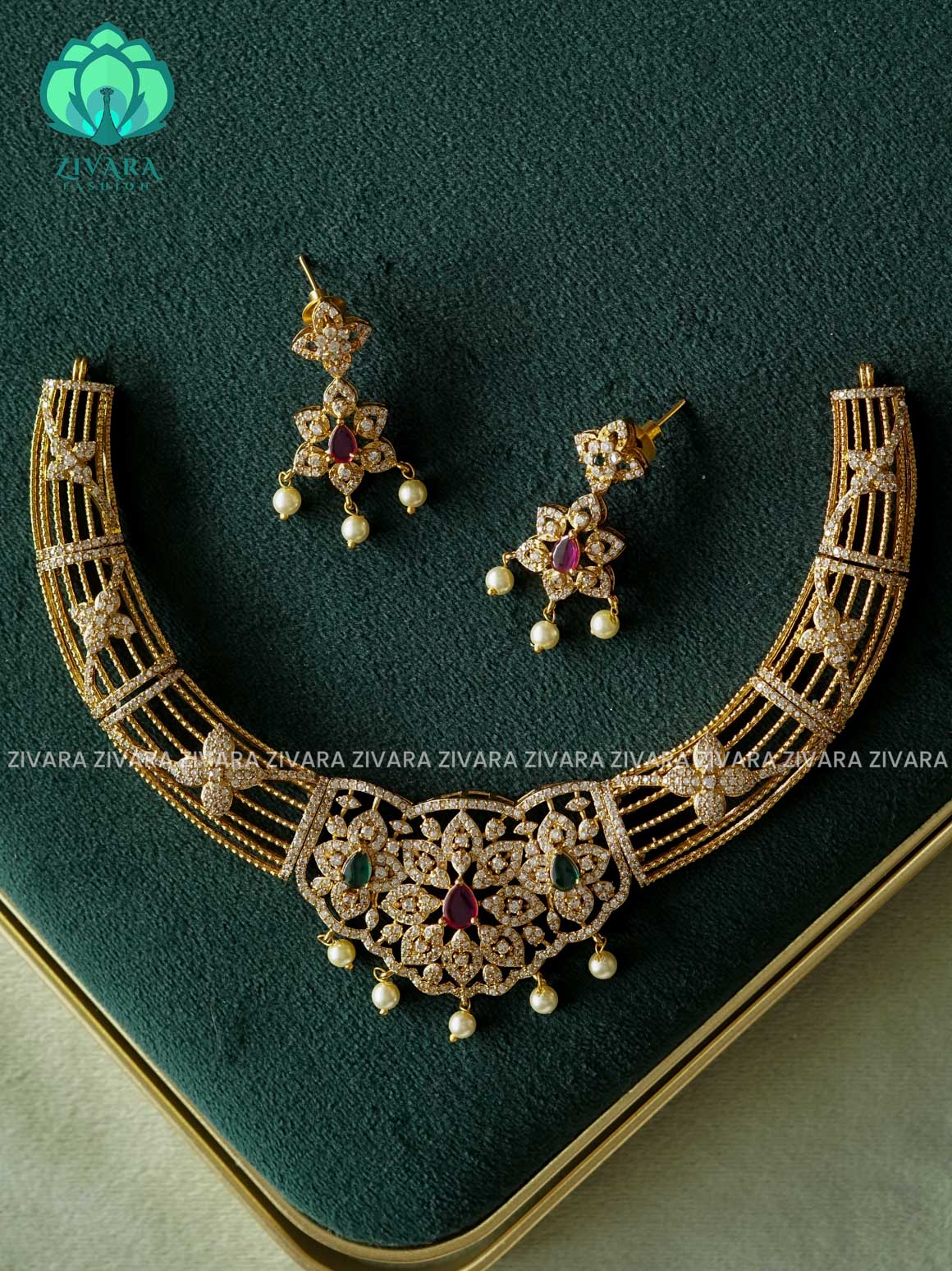RUBY GREEN FLOWER HASLI  - stylish and minimal elegant neckwear with earrings- Zivara Fashion