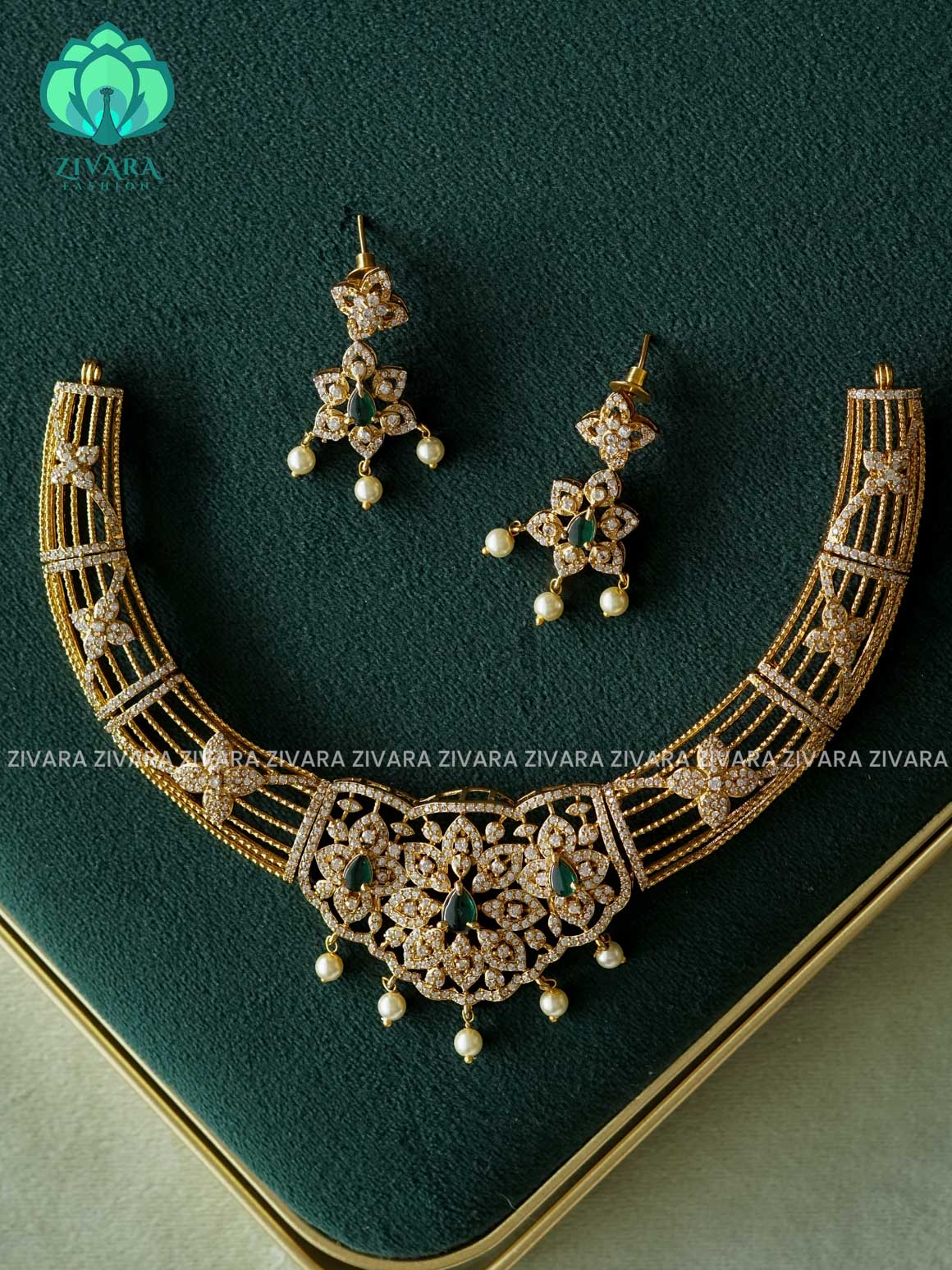 GREEN FLOWER HASLI  - stylish and minimal elegant neckwear with earrings- Zivara Fashion