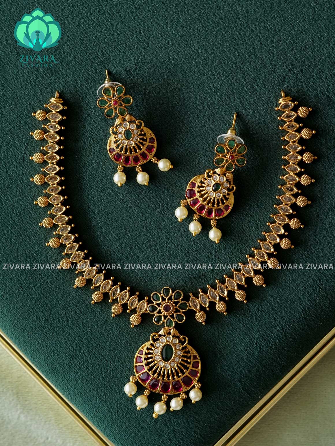GREEN RUBY CHAND FLOWER NECKWEAR  -Traditional south indian premium neckwear with earrings- Zivara Fashion- latest jewellery design