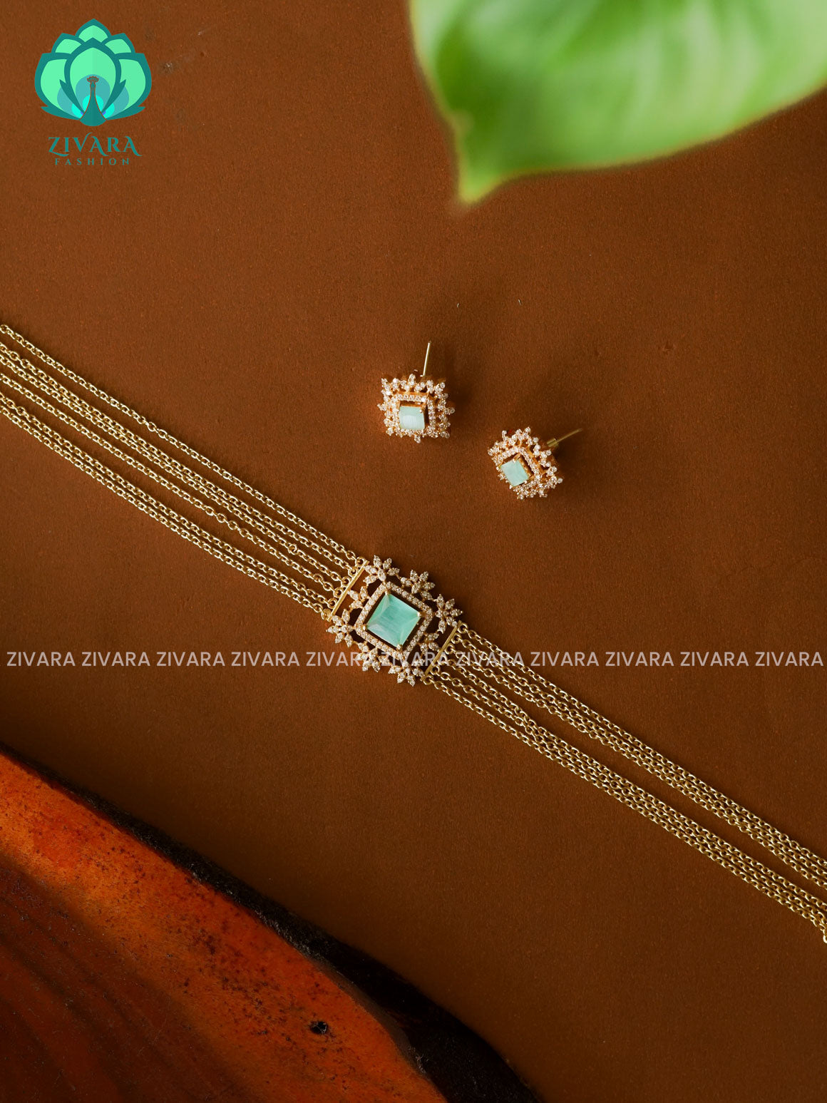 PASTEL GREEN SQUARE STONE GOLD LINE  -TRADITIONAL CHOKER COLLECTION WITH EARRINGS- LATEST JEWELLERY COLLECTION