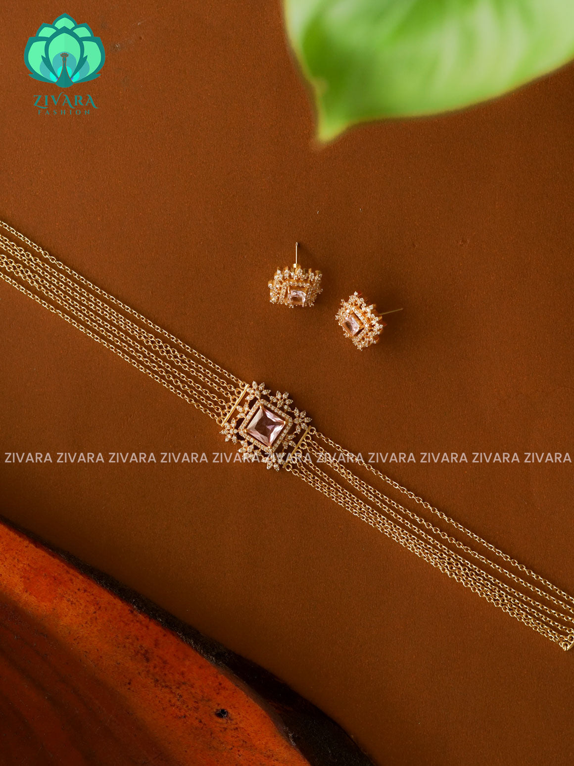 PASTEL PINK SQUARE STONE GOLD LINE  -TRADITIONAL CHOKER COLLECTION WITH EARRINGS- LATEST JEWELLERY COLLECTION