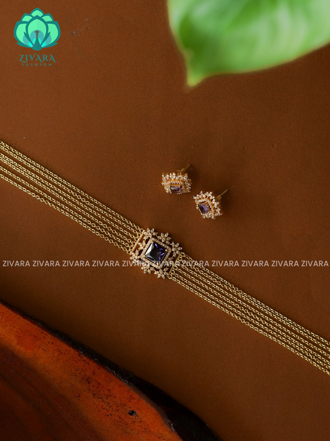 PURPLE SQUARE STONE GOLD LINE  -TRADITIONAL CHOKER COLLECTION WITH EARRINGS- LATEST JEWELLERY COLLECTION