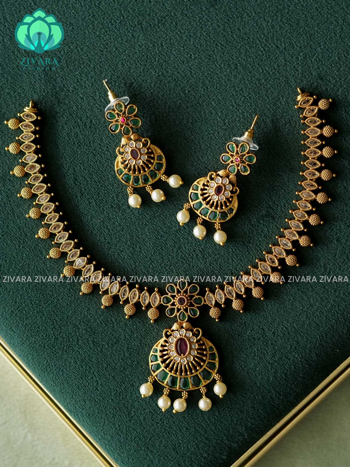 GREEN CHAND FLOWER NECKWEAR  -Traditional south indian premium neckwear with earrings- Zivara Fashion- latest jewellery design