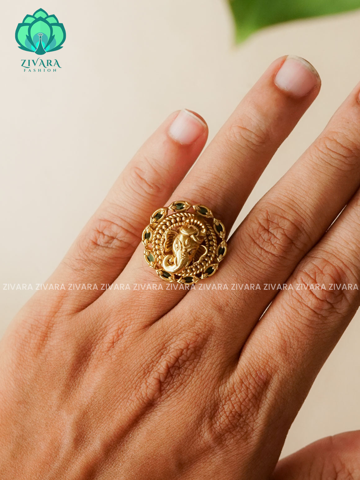 GREEN FLOWER - TRENDING BRIDAL ADJUSTABLE GOLD FINISH RINGS- ZIVARA FASHION-LATEST JEWELLERY DESIGNS