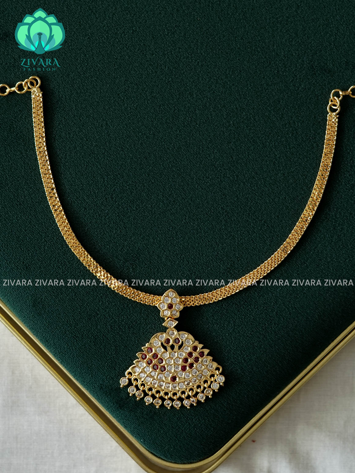 AMBIGAI- WHITE STONE PEACOCK MICROGOLD POLISH ATTIGAI WITHOUT EARRING - Zivara Fashion- latest jewellery design